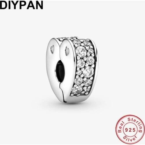 Fit Original Pandora Charms Bracelet 925 Sterling Silver Clear Pave Heart Clip Charm Bead DIY Jewelry Making Berloque