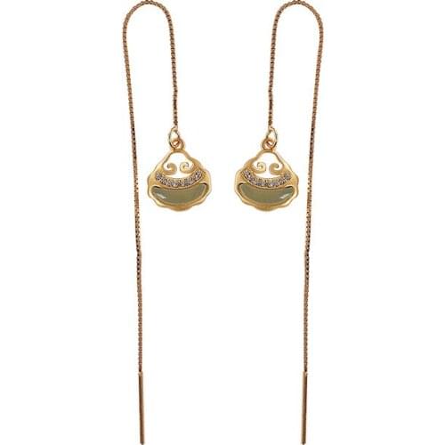 S925 sterling silver gold plated Hetian gray jade Stud Earrings Vintage personality hollow out Ruyi lady hanging earrings