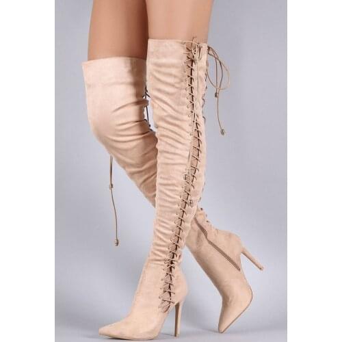 Sexy Ladies Side Elastic Crossed Tie Thigh High Boots Women Pointed Toe Over The Knee Boots Thin Heels Suede Knight Boots