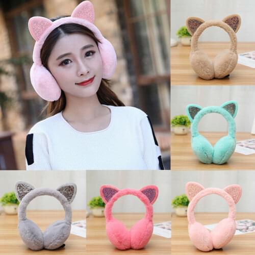 Women Girl Fashion Winter Cat Earmuffs Fur Warm Ear Protect Cute Faux Soft Fluffy Sequin Earcap