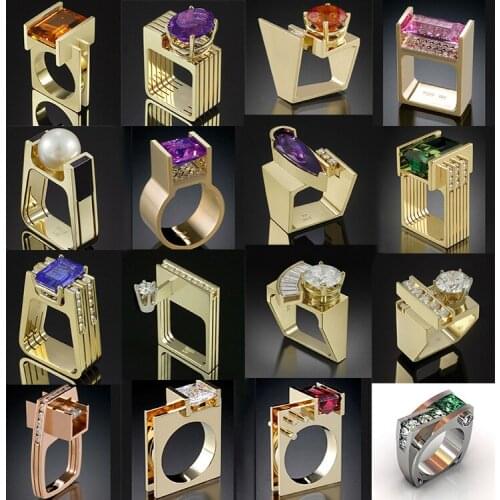 Unique Geometric Crystal Zircon Stone Ring Fashion Yellow Gold Ring Jewelry Promise Wedding Engagement Rings For Women