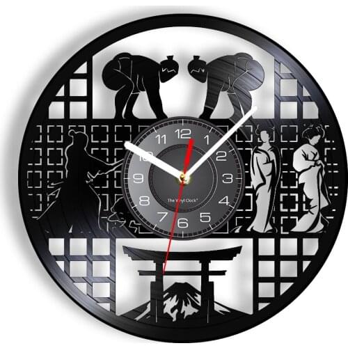 Japanese Geisha Sumo Warrior Bushido Inspired Vinyl Record Wall Clock Japan Themed Fujiyama Wall Art Ablum Longplay Wall Clock