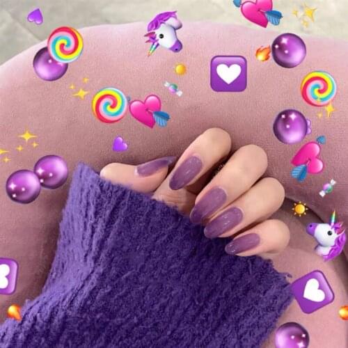 Jelly Grape purple pure color false nails 24pcs french with glue Middle-long round lady full nail tips cute fake nails