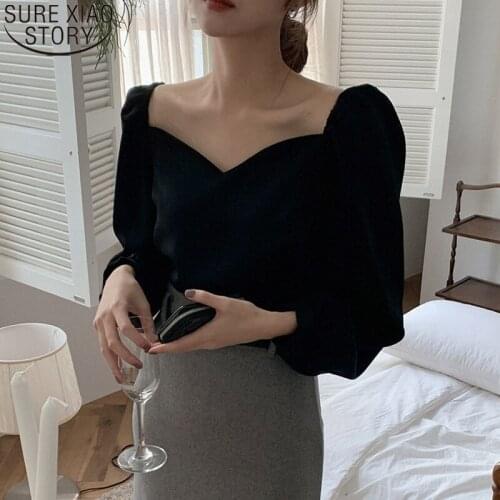Women Blouse Black Shirt New Korean Vintage Sexy Blouse Petal Collar Long Sleeve Fashion Ladies Elegant Tops Blusas Mujer 13101
