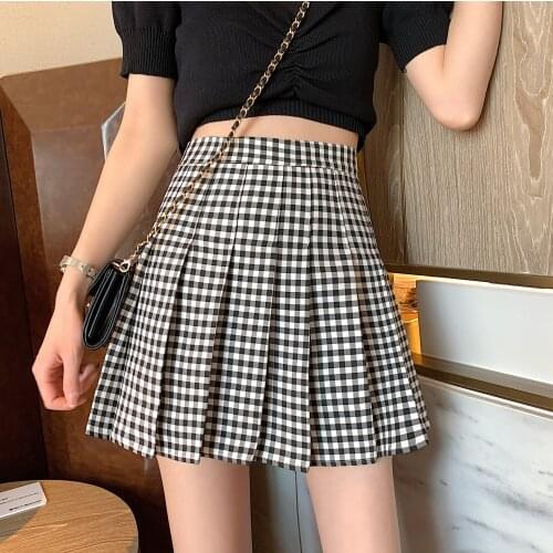 Summer new style Korean retro all-match high waist a-line skirt plaid pleated skirts women