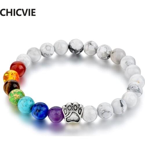 CHICVIE Yoga Bracelet Paw Natural Stone Bead Elastic Rope Bracelet 7 Chakra Healing Balance Rainbow Bracelet Jewelry SBR170104