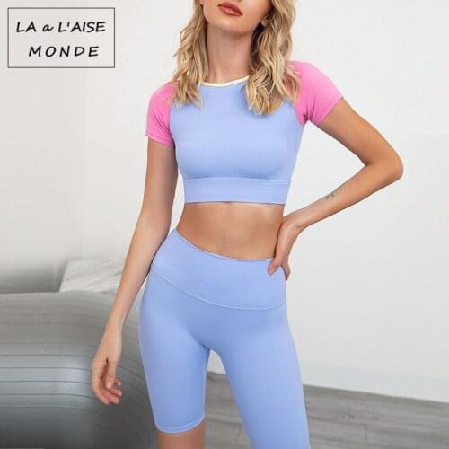 Splice Women 2PCS Yoga Set Female Half-Sleeve Tank Top Bra Fitness Shorts Running Gym Sports Clothes Suit Simple Set Elegant Set