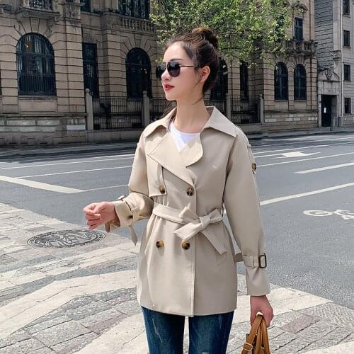 Womens Short Trench Coat Double Breasted with Belt Korean Style Ladies Overcoat Turn Down Collar Fashion Coats for Female 2021