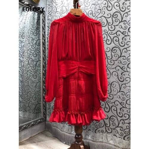 2021 Spring Summer Fashion Red Dress High Quality Women Stand Neck Pleated Ruffle Deco Long Sleeve Casual Dress Sexy Above Knee