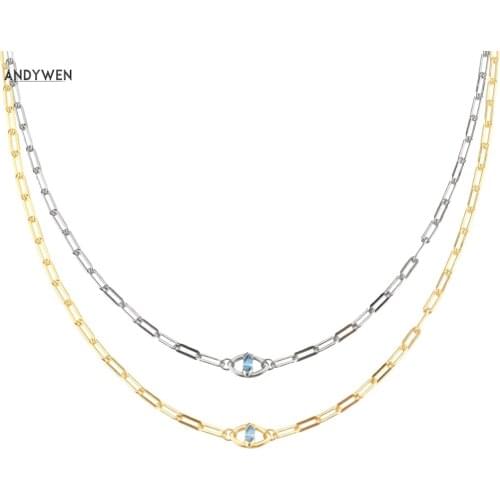 ANDYWEN 925 Sterling Silver Gold Blue Zircon Eye Horoscope Chain Long Chain Choker Luxury Fine Jewelry Gift Wedding Party Jewels