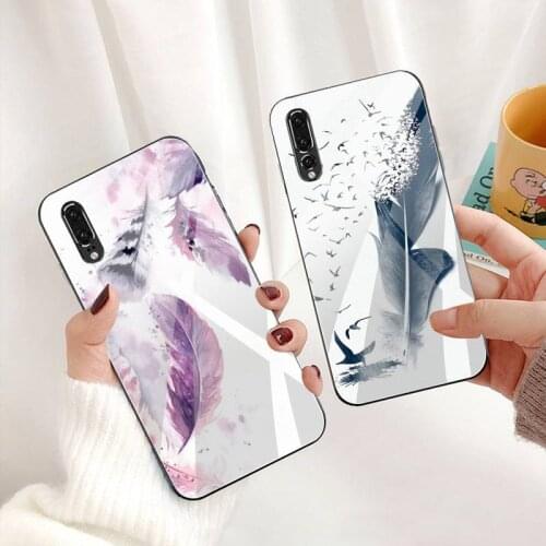 Watercolor Painting feathers Phone Case Tempered Glass For Huawei P30 P20 P10 lite honor 7A 8X 9 10 mate 20 Pro