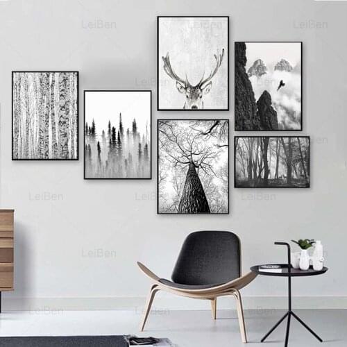 Foggy Forest Deer Black and White Canvas Painting Natural Landscape Wall Art Poster Nordic Modern Minimalist Picture Home Decor