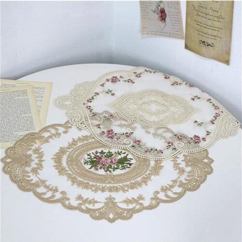 European Oval Embroidered Lace Fabric Transparent Placemat Coaster Coffee Table Mat Kitchen Cover Cloth Christmas Decoration