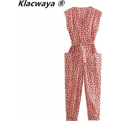 Klacwaya Za Women 2021 Fashion With Belt Printed Jumpsuits Vintage Side Pockets Chic Button-up Female Playsuits Mujer