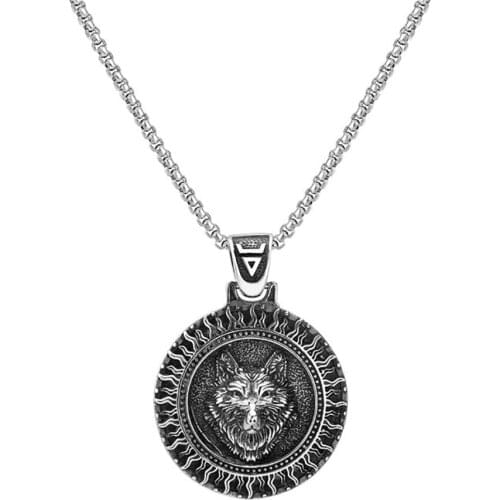 Stainless Steel Viking Animal Wolf Head Round Rune Pendant Necklace Jewelry Gift For Him with Chain