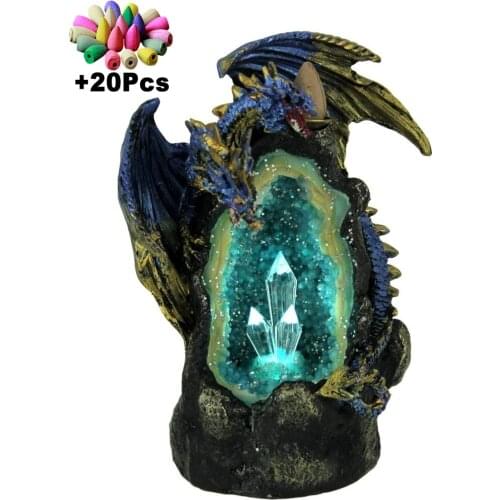 Handmade Resin Waterfall Backflow Incense Burner Colorful LED Dragon Incense Holder Creative Home Decoration Craft Gift +20Cones