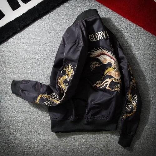 New Street Thin Fashion Men Bomber MA1 Jacket Retro Embroidery Dragon Phoenix Cartoon Badge Anarchy Coat Black Outwear