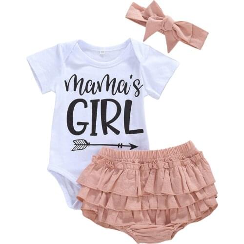 Newborn Baby Girls Summer Casual Short Sleeve Collar Letter Romper Ruffle Short Pant Bow Headwear 3Pcs Set 0-18M