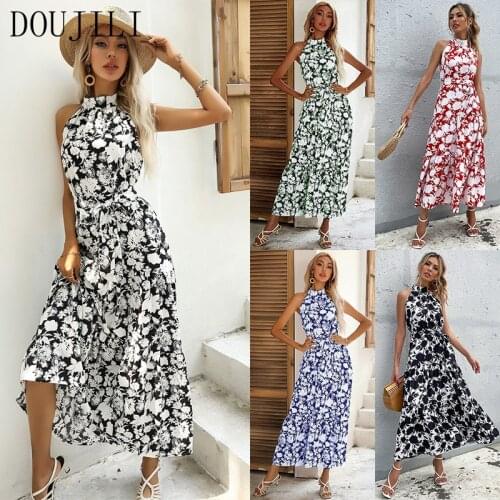 DOUJILI Fahsion Ladies Dress Flower Printing Long Style Sleeveless Round Collar Summer Dress For Party