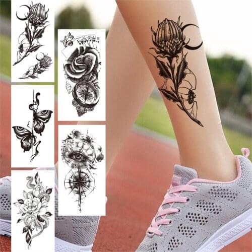 Moon Flower Temporary Tattoo For Women Men Adult Fake Compass Floral Butterfly Tattoo Sticker Black Body Art Arm Tatoo Realistic
