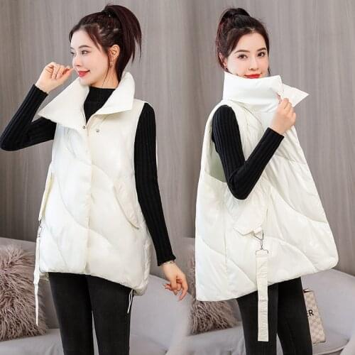 Casual Solid Warm Cotton Padded Vest Female Loose Short Waistcoat 2021 Womens Sleeveless Winter Jacket Glossy Stand Collar Coat