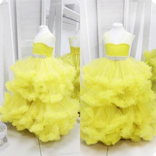 Puffy Yellow Princess Flower Girls Dresses Ball Gowns Yellow Tulle Girls First Communion Dresses