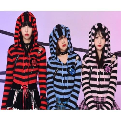 Spring Autumn Harajuku Gothic Girls Red Striped Cute Rabbit Ears Hooded Knitted Fashion Loose Sweet Kawaii Pullover