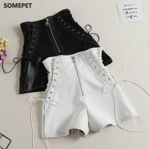 Autumn Women PU Shorts Tie High Waist Shorts Female Casual Black Shorts Ladies All Match Wide leg Shorts Short Pants