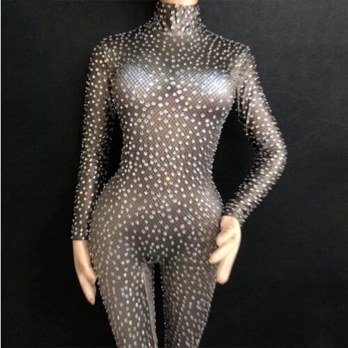 Gogo Dance Costume Rhinestone Bodysuit Stretch Spandex High Neck Long Sleeve One-Piece Wear Bar Dj Ds Rave Clothes Drag Queen