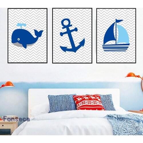 Navy Blue Sailing Whale Canvas Painting Nursery Cute Posters And Prints Baby Room Decor Nordic Pictures On The Wall
