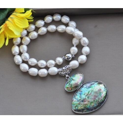 Z11069 17" 50mm White Rice Pearl Necklace Double Peacock Abalone Pendant