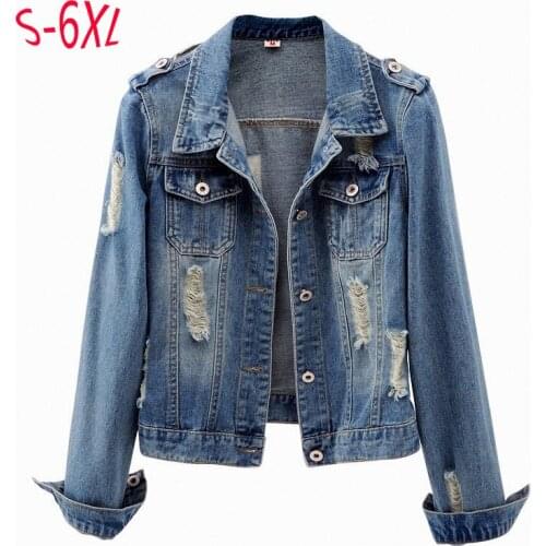 Plus Size Ripped Hole Cropped Women Jacket 4XL 5XL 6XL Bomber Short Denim Jackets Jaqueta Long Sleeve Casual Jeans Coat M14