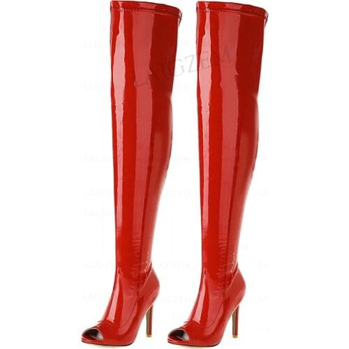 LAIGZEM Women Over Knee High Boots Stretchy Shiny Peep Toe High Heels Female Ladies Botas Mujer Shoes Woman Large Size 41 42 46
