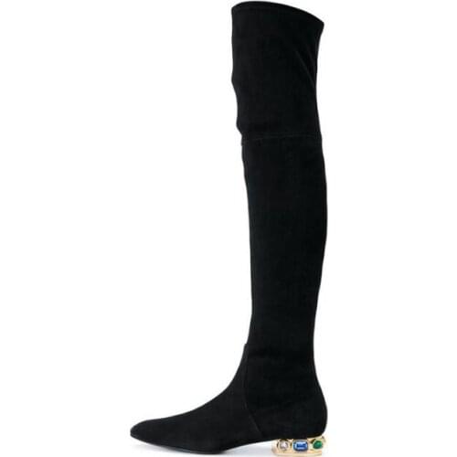 Ladies Sock High Heels Women High Boots Stretch Fabric Flat Crystal Heels Womens Winter Boots Suede Over Knee Boots Womens