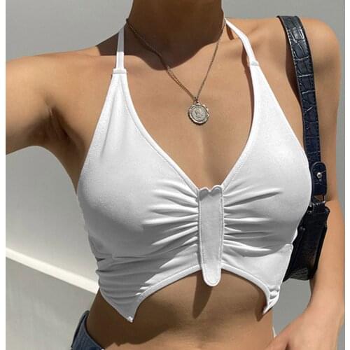 White Halter Sexy Backless Tank Tops for Women Streetwear 2020 Sleeveless Ribbed Knit Vest Top Cropped Feminino