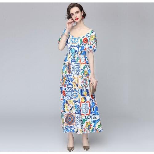 Women Square Collar Puff Sleeve Print Summer Runway Long Maxi Dress Elegant Bobo Beach Robe Femme Designers Holiday Vestidos