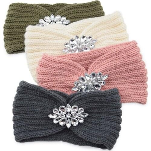 Winter Wide Knitted Headband Women Crystal Flower Twist Crochet Hairbands Head Wrap Rhinestone Ear Warmer For Hair Accessories