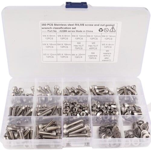 350pcs/Lot M4/M5 304 Stainless Steel Hexagon Socket Head Cap Socket Screws Hex Bolt Nuts and Washers Screws Set with Allen Key