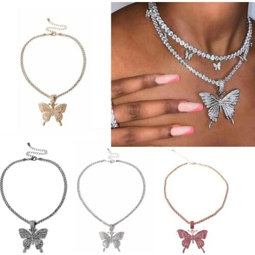 634D Sparking Fully Iced Out Crystal Pave Butterfly Pendant Necklace Fashion Jewelry