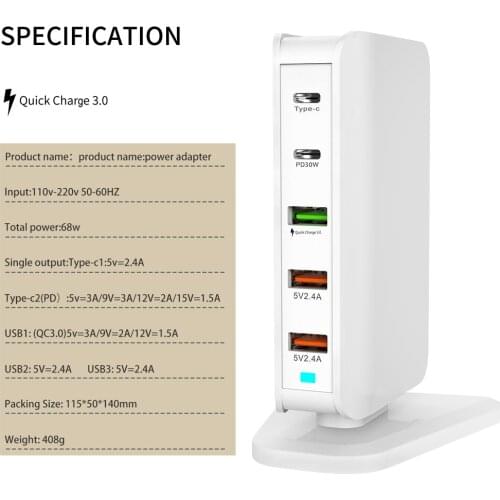 68W Quick Charge 3.0 USB Type C PD 30W Power Adapter Charger For Apple iphone Huawei Samsung Tablet Fast Charger UK EU US 5V 2.4