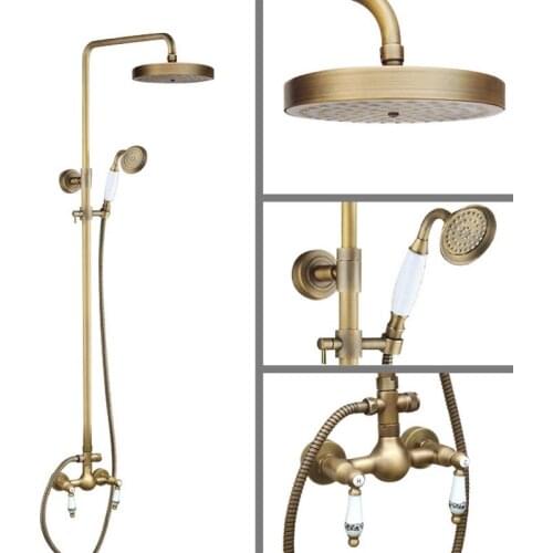 Antique Brass Wall Mounted Bathroom Rain Shower Faucet Shower Head Set Mixer Tap Dual Ceramic Handles Levers man109