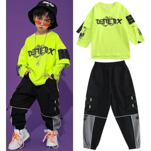 Hip Hop Boys Ballroom Street Dance Clothes Green Tops Sport Casual Pants For Kids Long Sleeve Hip Hop Suit Perform Wear BL5190