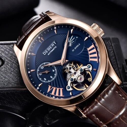 Debert 40mm Watch Men Top Luxury Brand Fashion Sport Moon Phase Watch Automatic Mechanical Wristwatch Men Leather Strap