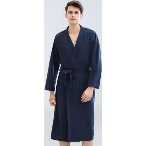 Bathrobe Man Sleepwear Cotton Stitch Pocket Long Sleeve Belt Thin Pure Color Sexy Robe 2020 Fashion Pjs