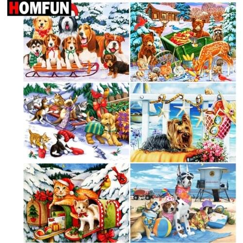HOMFUN DIY Diamond Painting "Cat dog christmas" Full Drill Square Round Diamond Embroidery 5D Cross Stitch Decoration Home