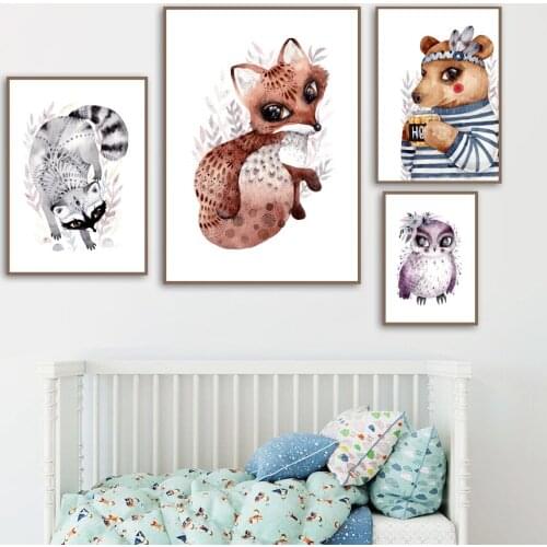 Cartoon Animal Bear Fox Raccoon Owl Wall Art Canvas Painting Nordic Posters And Prints Wall Pictures For Baby Kids Room Decor