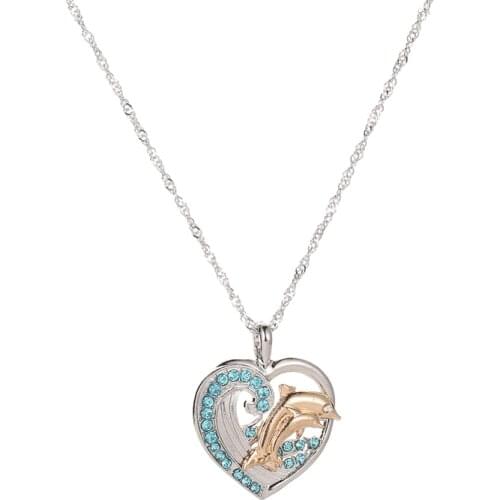 Sweet Heart Animal Cute Dolphin Bling Blue Clear Crystal Wave White Long Chain Pendant Alloy Necklace For Women