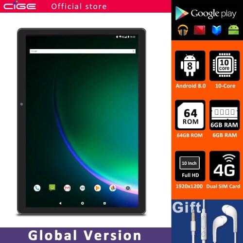CIGE N9 Tablet 10 Inch 10 Core Android 8.0 6GB RAM 64GB ROM 1920x1200 FHD Dual Cameras 4G LTE Phones 5G WiFi GPS Bluetooth