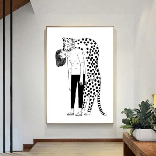 AFFLATUS Leopard Girl Nordic Poster Wall Art Canvas Painting Black White Posters And Prints Wall Pictures For Living Room Decor