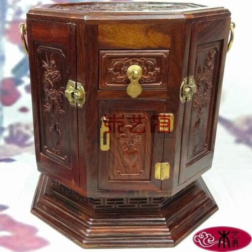 [Government] Rosewood Wooden octagonal rotating mirror box jewelry box jewelry box red wood carving housewarming gift ornaments